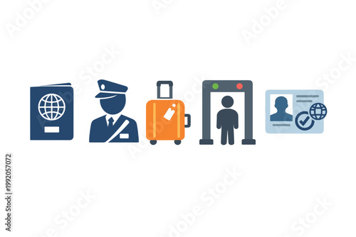 Customs and Border Control Icon Set Featuring Passport, Security Officer, Luggage, Metal Detector Scanner, and Visa ID Card for Airport Immigration and Travel Security Flat Vector Illustration