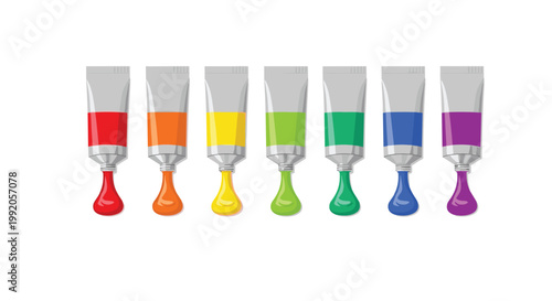 Seven metallic silver tubes of artists acrylic paint release large glossy droplets of vibrant rainbow colors against a clean and pristine white background.