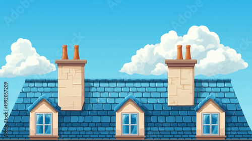 A cartoon depiction of a house roof, chimney, and cloud under a bright blue sky