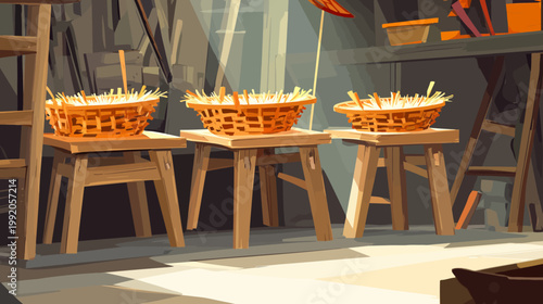 A still life of three woven baskets with hay on small stools in a dimly lit, rustic workshop