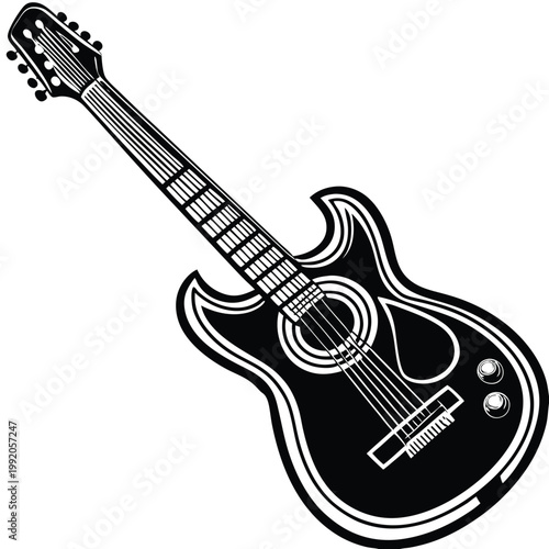 Stylized black and white illustration of a classic electric guitar with six strings and tuning pegs angled diagonally against a clean white background ideal for music concepts