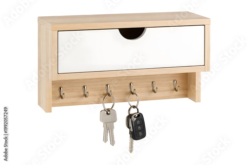 A wooden key holder hangs on a wall. It has a small drawer and several hooks below. Key rings with keys are attached to the hooks. This holds keys and small items for easy access
