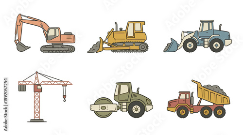 Construction vehicles and heavy machinery set in detailed flat vector illustration style