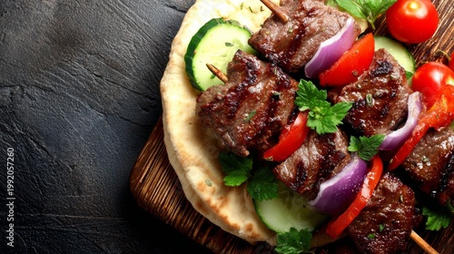 Greek gyros, traditionally prepared with meat, vegetables, and sauce, displayed on a black background