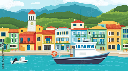 A picturesque seaside town with colorful buildings, a clock tower, and a boat. Lush green hills in background