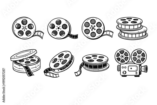 Hand Drawn Line Art Film Reel Icons Set Featuring Various Movie Reel Designs and a Vintage Projector for Cinema Video Production and Film Industry Projects Isolated on White Background Vector