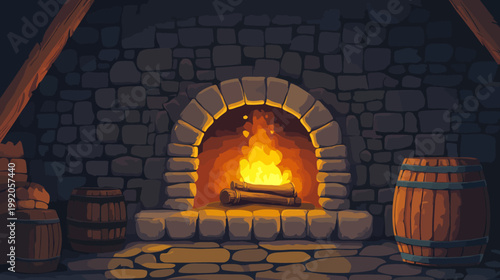 Pixelated artwork of a rustic interior scene with a fireplace, barrels, and stone walls. The fire glows
