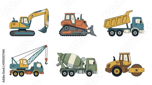 Construction vehicles and heavy machinery set in detailed flat vector illustration style