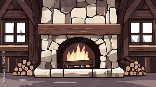 Pixelated artwork showcasing a cozy fireplace with burning flames, stone walls, and wooden accents
