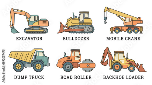 Construction vehicles and heavy machinery set in detailed flat vector illustration style