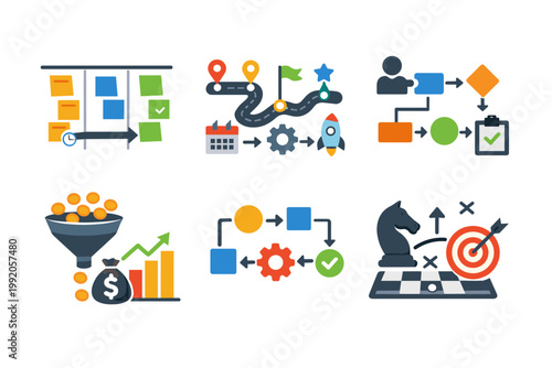 Project management and agile icon set with Kanban board, roadmap, workflow diagram, revenue funnel, process loop, and business strategy planning illustrations for startup growth and development.