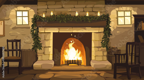 A cozy living space featuring a fireplace, candles, wooden furniture, and stone walls