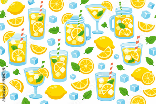 Fotografía Seamless pattern of refreshing summer drinks with lemons, ice cubes, and mint leaves