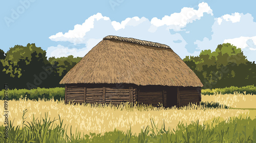 A stylized illustration of a wooden hut with a thatched roof, in a field with trees in the background
