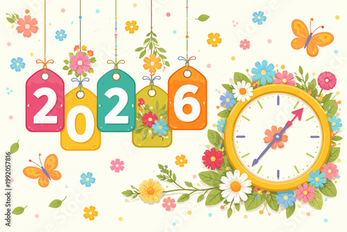 Spring Forward 2026 Daylight Saving Time Banner with Festive Colorful Hanging Number Tags and Floral Clock Illustration. Whimsical Spring Season Background with Butterflies, Daisies and Flowers.