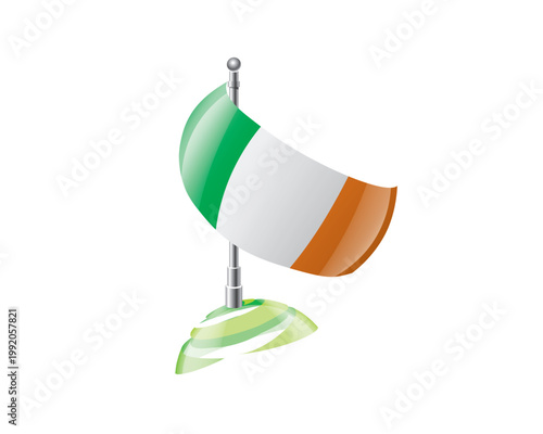 Highly detailed of waving Irish flag with metallic pole and subtle shadow effects for print