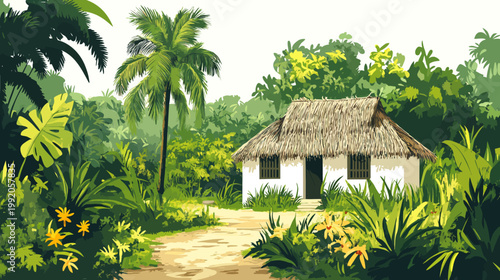 A stylized illustration depicting a tropical cottage surrounded by lush greenery and a sandy path