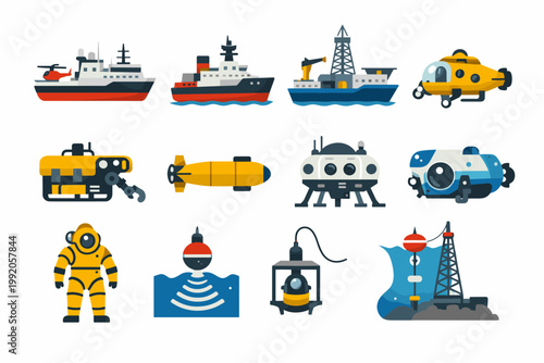 Ocean Exploration Vessels and Underwater Research Equipment Icon Set Featuring Research Ships, Submarines, ROV, AUV, Diving Suit, Sonar Buoy, and Offshore Platforms in Flat Vector Illustration.