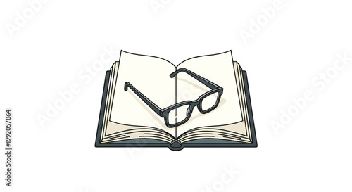 A pair of classic black-rimmed reading glasses rests on the open blank pages of a thick hardcover book against a minimalist and clean white background.