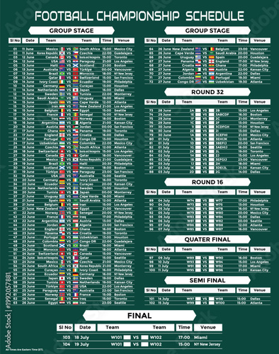 2026 World Football Tournament Match Schedule Printable Wall Chart USA Mexico Canada Football Championship Poster.