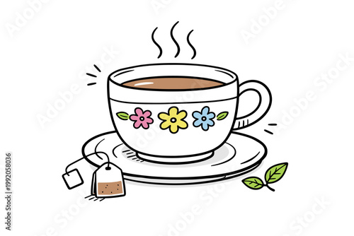 Hand Drawn Tea Cup Doodle Illustration with Steaming Hot Tea, Floral Pattern, Tea Bag, and Mint Leaves; Simple Flat Vector Art for Morning Routine, Relaxation, and Cozy Herbal Beverage Concepts.