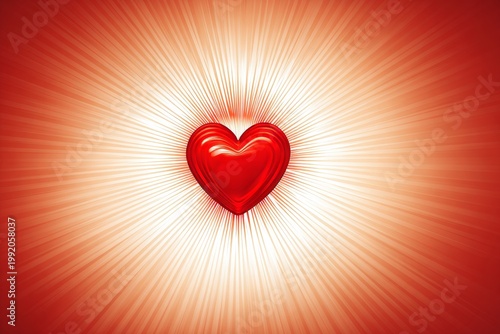 A red heart surrounded by sunburst rays extending outward, a bold symbol of love and warmth