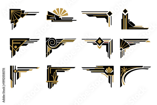 Collection of Art Deco corner icons and decorative borders in black and gold. Vintage 1920s geometric design elements for luxury frames, wedding invitations, certificates, and elegant menu layouts.
