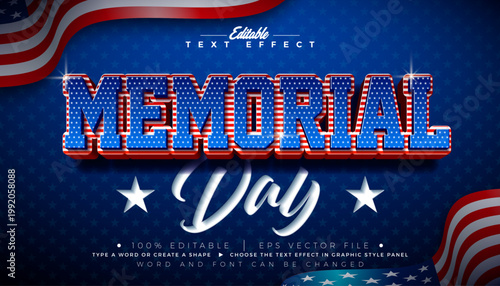 Memorial Day Text Effect Design Editable Vector Graphic Style with United States of America Flag Pattern Typography on Star Texture Background. USA Independence Day Customizable Illustration Template 