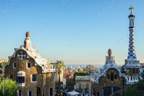 Photography Park Guell,Barcelona,Spain,Architectural structures in a park with distinctive o