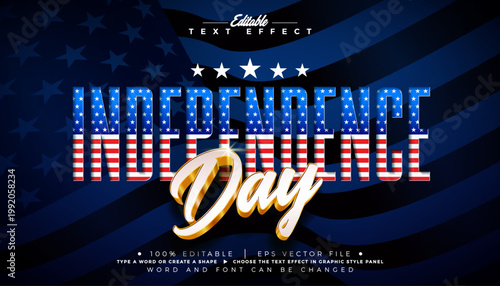 Independence Day Text Effect Design Editable Vector Graphic Style with United States of America Flag Pattern Typography on Star Texture Background. Memorial Day Customizable Illustration Template for 
