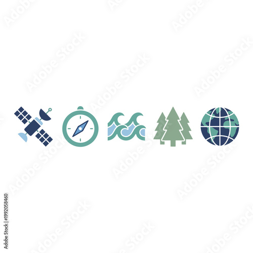 Adventure and nature icon set with compass, globe, satellite, trees, and waves