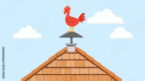 A cartoon illustration of a rooster weather vane atop a tiled roof with clouds in the sky