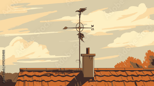 Pixelated artwork depicts a roof with a chimney and weathervane, clouds above, and trees