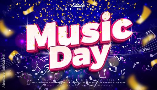 Music Day Text Effect Design Editable Vector Graphic Style Effect with 3d Typography Lettering on Falling Gold Confetti Background. Premium Musical, Luxury Casino, Night Club or Cinema Illustration Te