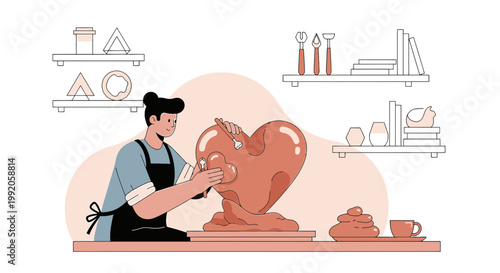 Artist sculpting a large heart sculpture in a studio, creative process, abstract art