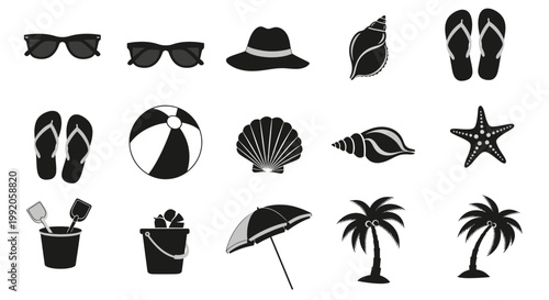 Summer Beach Vacation Icons Set Vector Illustration Featuring Sunglasses Shells Flip Flops Palm Trees and Sand Buckets for Holiday Travel Design Elements
