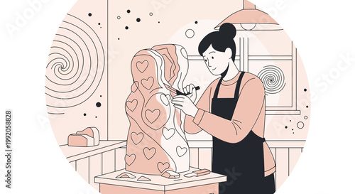 Artist Sculpting a Heart-Covered Statue in a Creative Studio