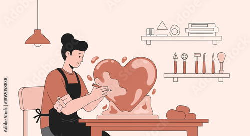 Artist Sculpting a Heart Shape Sculpture in a Studio