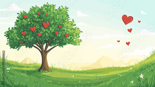 Animated image of a tree with heart-shaped fruits in a field with green grass, mountain background