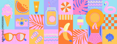 Horizontal summer geometric banner with hot season symbols-sunglasses, ice cream, waves,tropical leaves, watermelon,camera. Template for web, design, label, advertise and print. Vector illustration.
