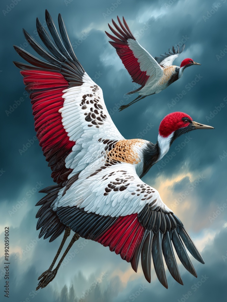 Fototapeta premium Cranes flying together in daylight against a soft background, their clear feathers displayed on a wall art poster