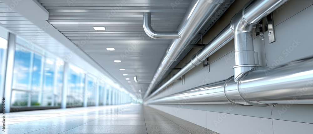 Obraz premium Gray and white gutter system displays unique design elements with downspouts and a bright background in a commercial space