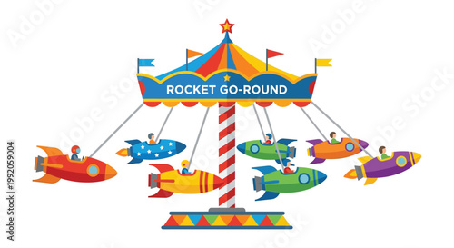 Colorful rocket go round amusement park ride with children enjoying the fun