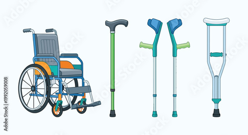 Assistive devices including a wheelchair cane and pair of crutches