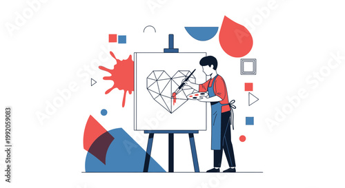 Artist painting abstract geometric heart on canvas, creative inspiration concept