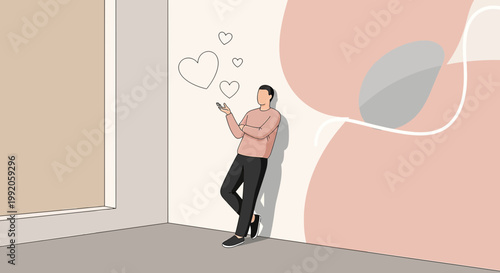 Man texting with hearts floating, symbolizing love, romance, and connection