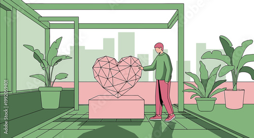 Man Touching Geometric Heart Sculpture in Modern Rooftop Garden