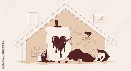 Artist paints a dripping heart on canvas at home, creative hobby, love art concept