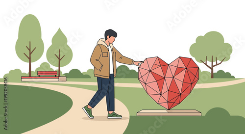 Man touching geometric heart sculpture in park, concept of love, health, and connection