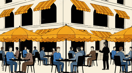 Bustling outdoor cafe with patrons enjoying leisure time under umbrellas